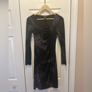 BCBG Paris Long Sleeve Ruched Black with Violet Floral Dress XS